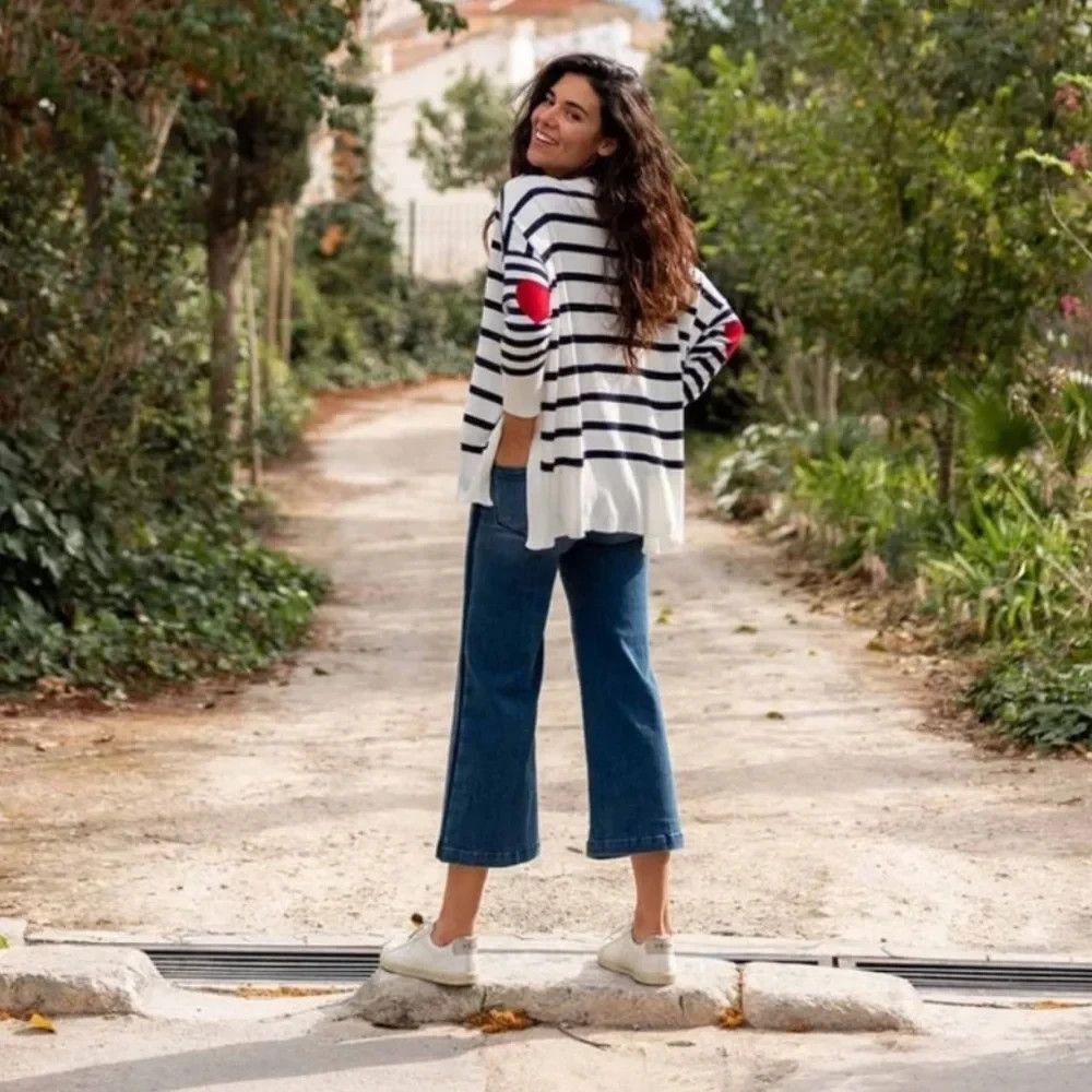 MERSEA Amour Sweater One Size Blue Stripe Heart Elbow Patch Top Knit Coastal